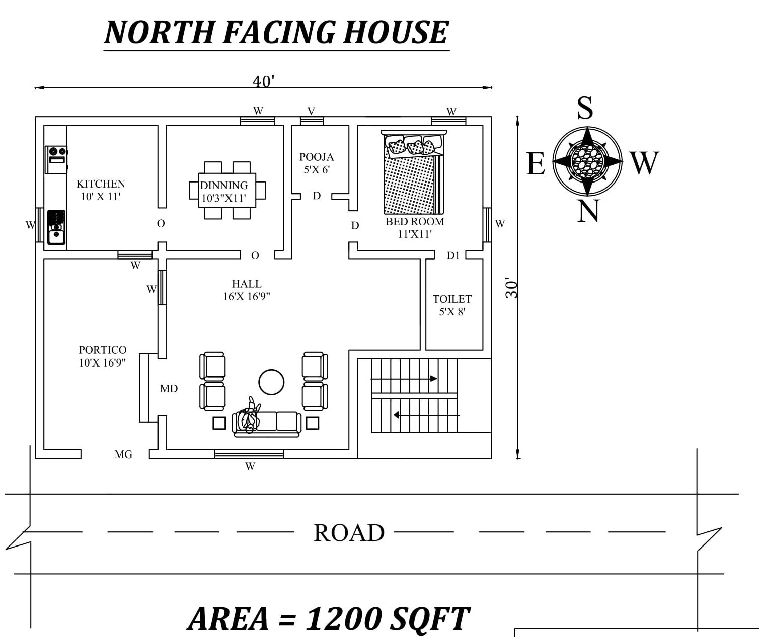 40x30 Single BHK North Facing House Plan Vastu Shastra AutoCAD File