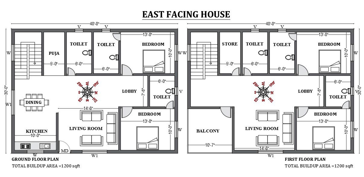 40’x30’ East facing house plan as per vastu shastra is given in this FREE 2D Autocad drawing file. Download now.