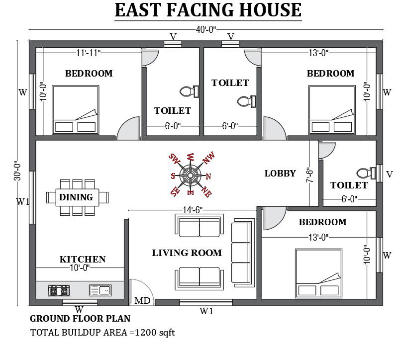 40’x30’ East facing house plan design as per vastu shastra is given in this FREE 2D Autocad drawing file. Download now.