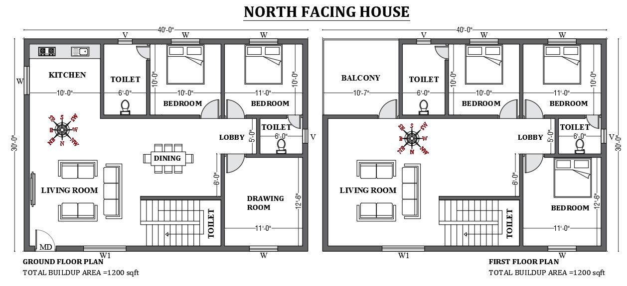 40’x30’ FREE north facing house plan as per vastu shastra is given in this 2D Autocad drawing file. Download now.