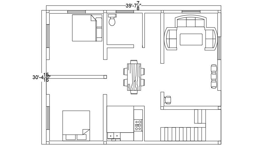 40x30 Feet 2 BHK AutoCAD Plan Layout File