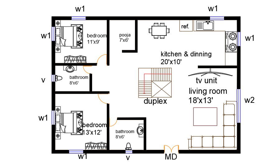 40x30 Feet 3 BHK AutoCAD Plan Layout File