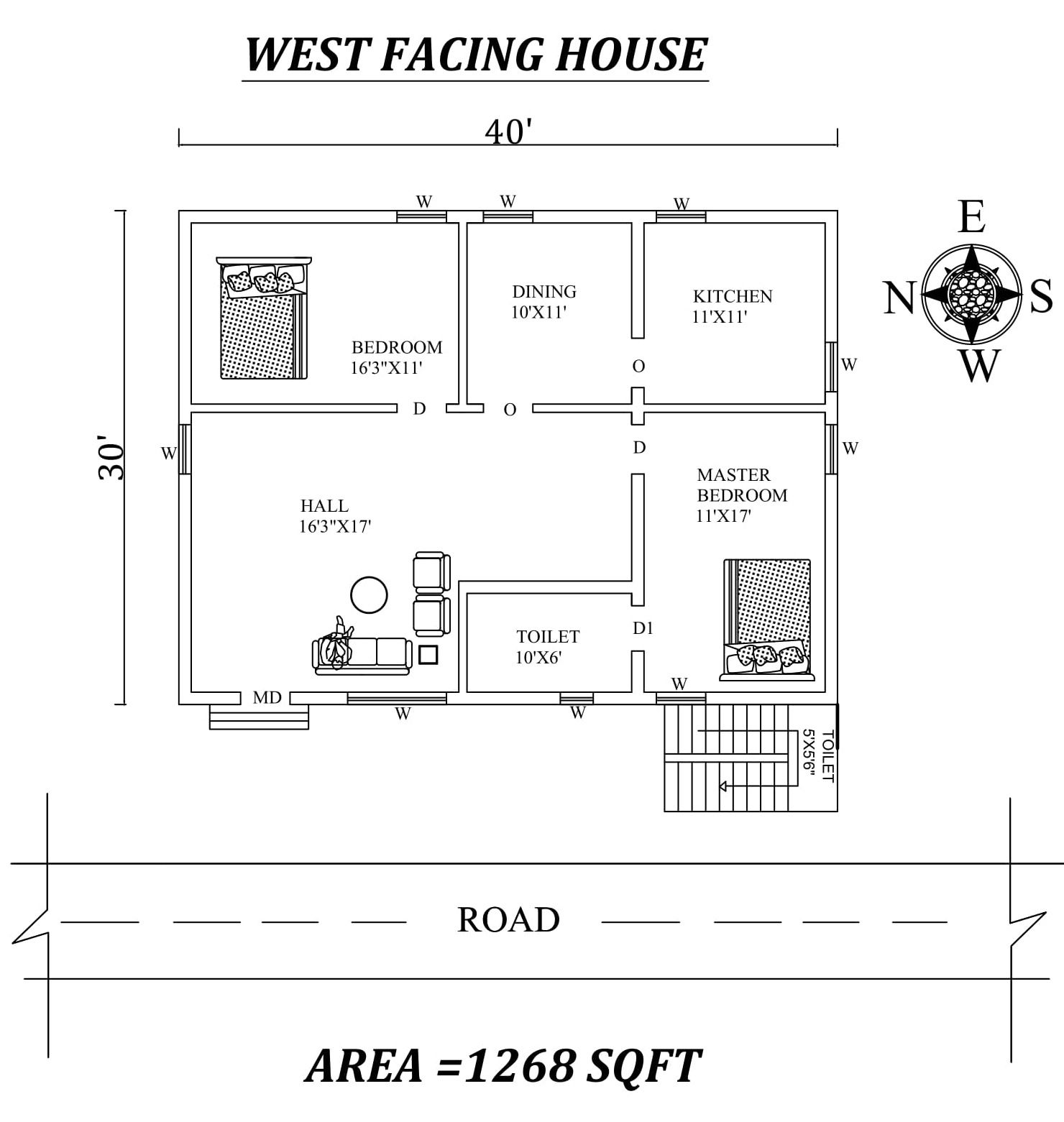 40'x30' Marvelous 2bhk West facing House Plan As Per Vastu Shastra.Autocad DWG and Pdf file details.