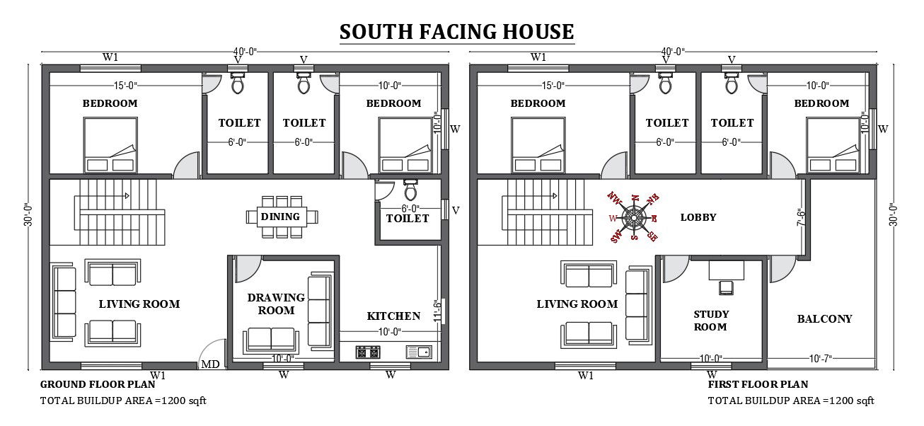 40’x30’ South facing house plan as per vastu shastra is given in this FREE Autocad drawing file. Download now.