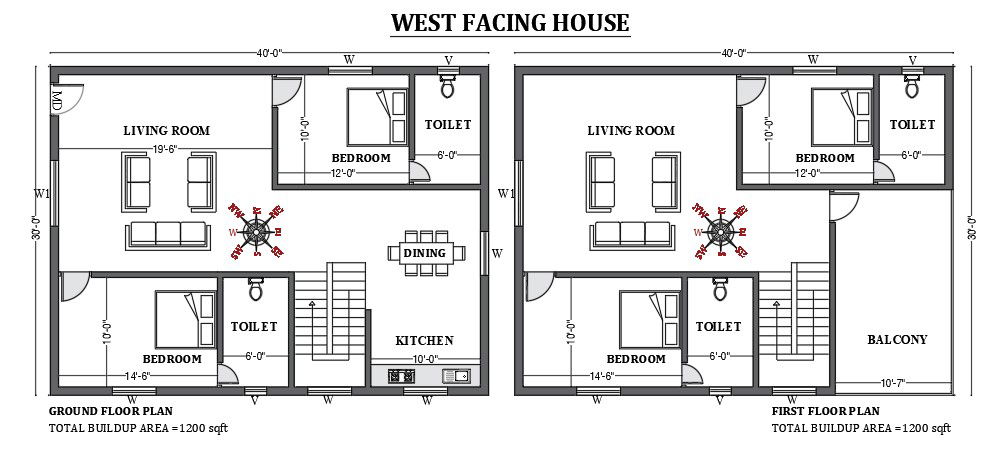 40’x30’ West facing house plan as per vastu shastra is given in this FREE 2D Autocad drawing file. Download now.