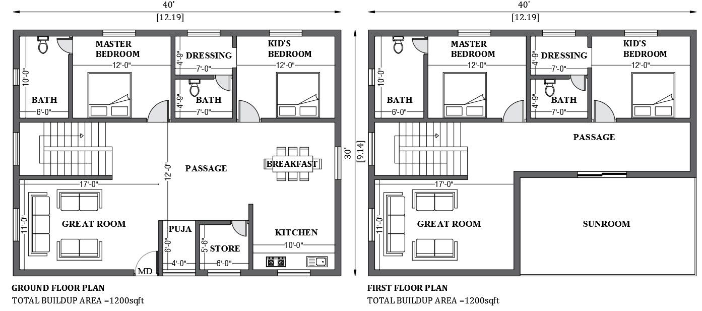 40'x30' house design as per vastu shastra is given in this FREE 2D Autocad drawing file. Download now.
