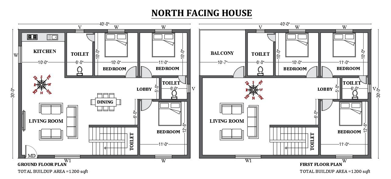 40’x30’ north facing house plan as per vastu shastra is given in this FREE 2D Autocad drawing file. Download now.