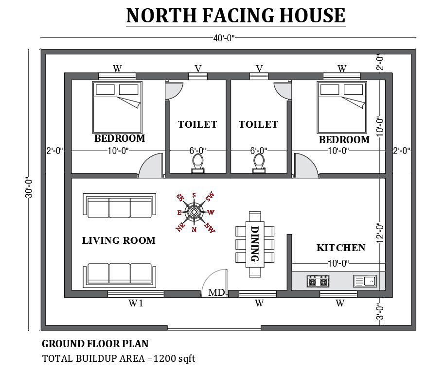 40’x30’ north facing house plan design as per vastu shastra is given in this FREE 2D Autocad drawing file. Download now.