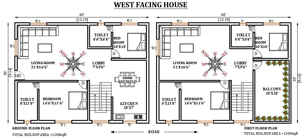 40’x30’ west facing house plan is given in this Autocad drawing file. Download now.