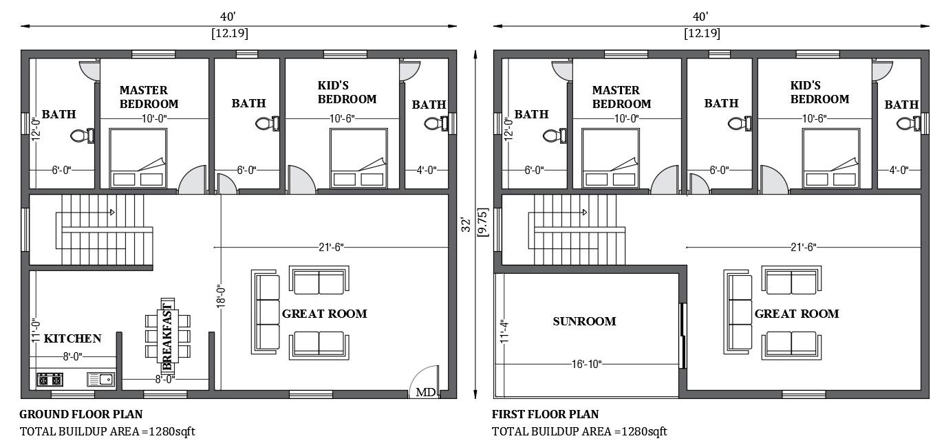 40'x32' house design as per vastu shastra is given in this FREE 2D Autocad drawing file. Download now.