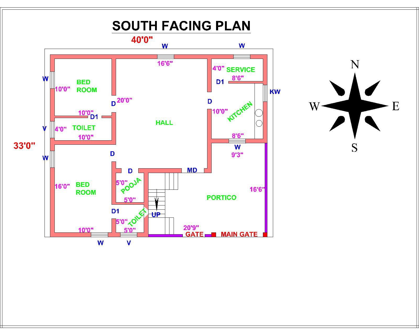 40’x33’ South Facing House Plan CAD Drawing Autocad File