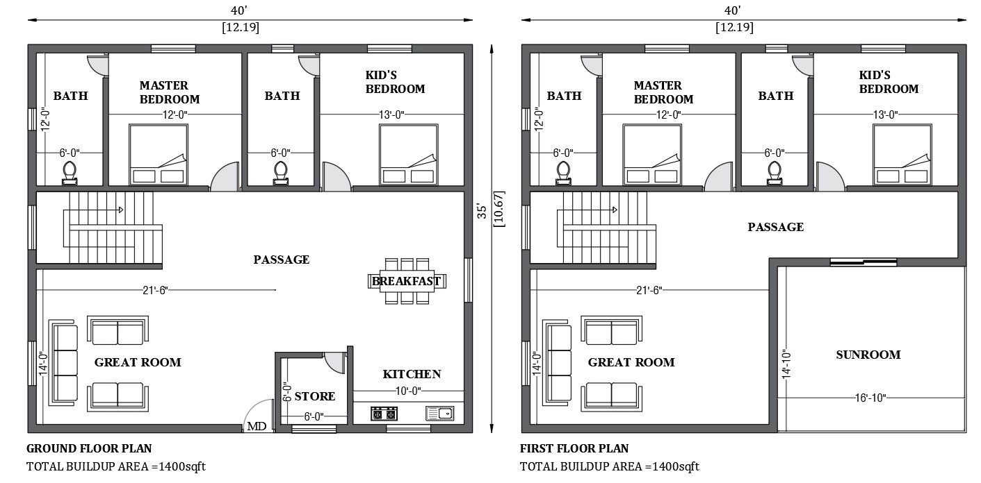 40'x35' house design as per vastu shastra is given in this FREE 2D Autocad drawing file. Download now.
