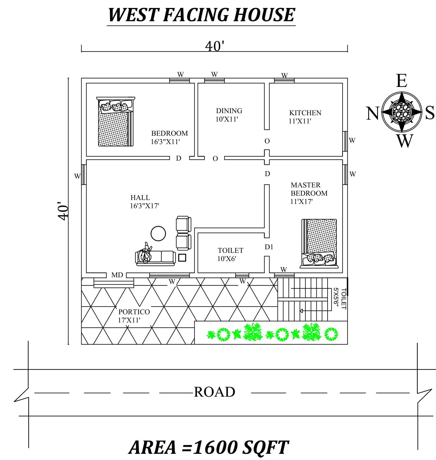 40'x40' Amazing 2bhk West facing House Plan As Per Vastu Shastra.Autocad DWG and Pdf file details.