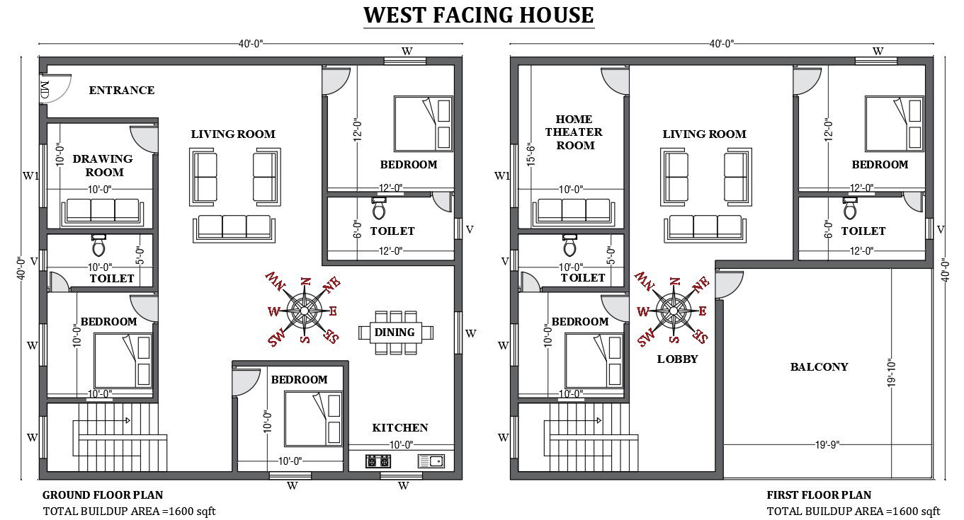 40’x40' West facing house design as per vastu shastra is given in this FREE 2D Autocad drawing file. Download now.