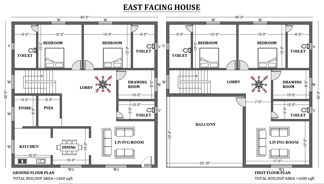 40’x40' east facing house plan as per vastu shastra is given in this FREE 2D Autocad drawing file. Download now.