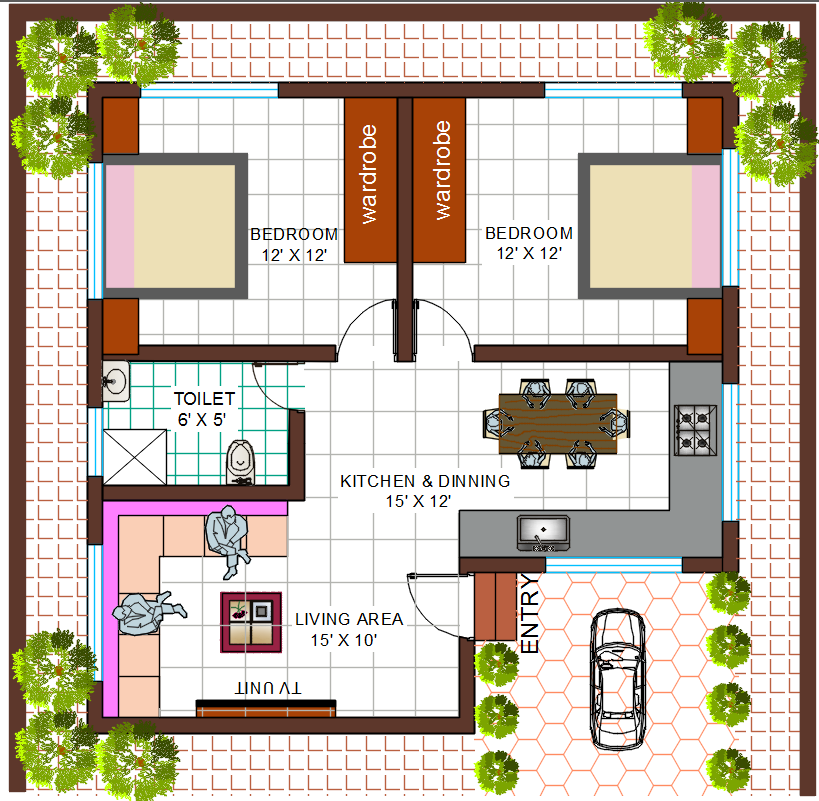 40' x 40' sqft House Plan With Car Parking Design DWG File