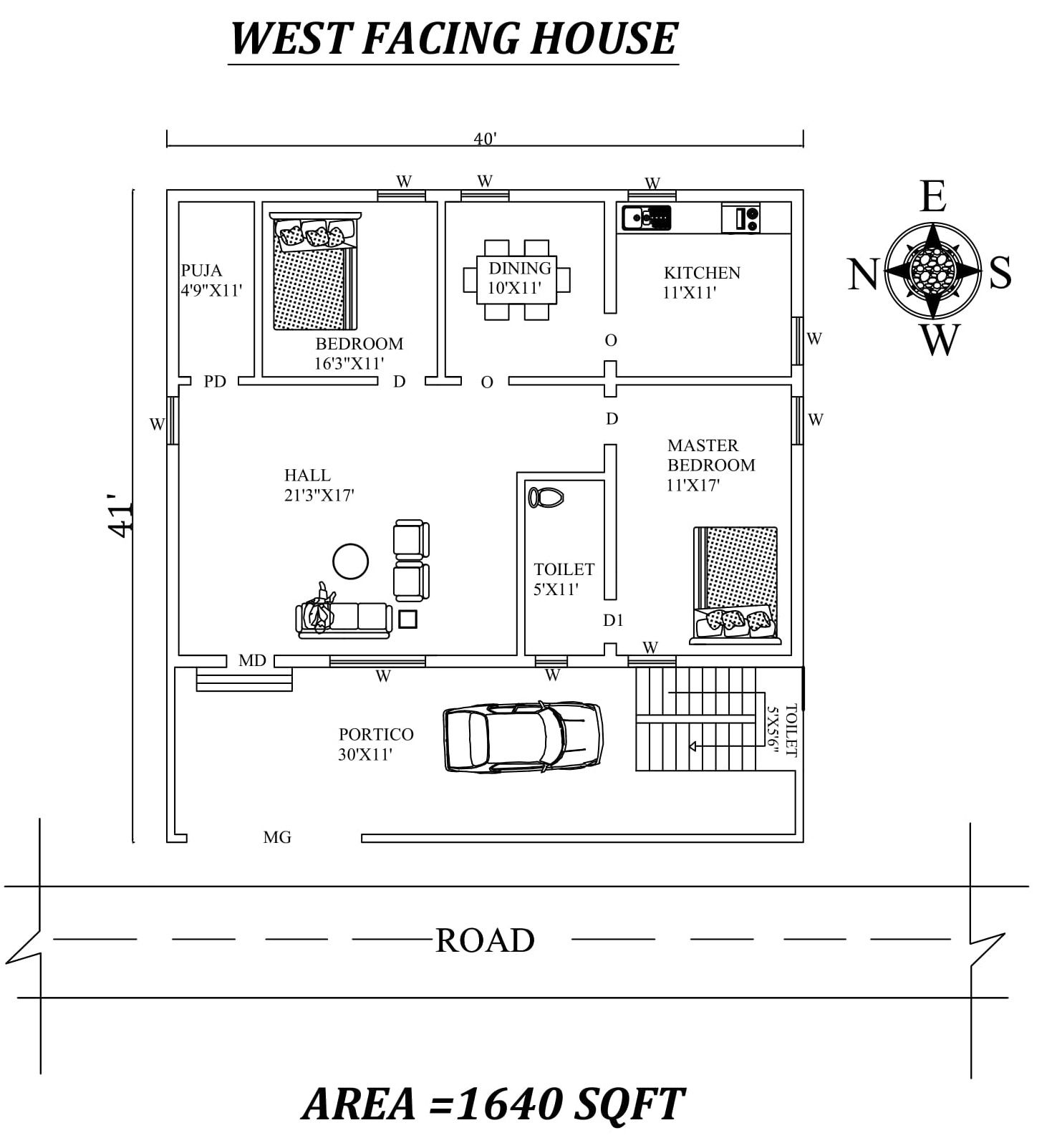 40'x41' West Facing 2BHK Furnished House Plan As Per Vasthu Shastra, Autocad Drawing file details.
