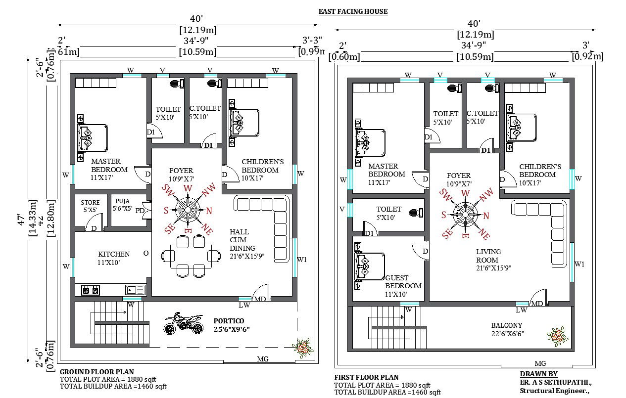 40’x47’ G+1 East facing home plan. Download the free 2D Autocad drawing file.