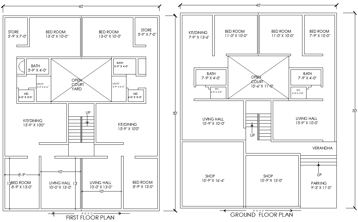 40x50 Feet Two-Story House Plan with Shops Plan AutoCAD DWG
