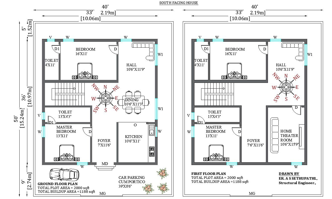 40’x50’ G+1 South facing duplex house plan. Download the free 2D Autocad drawing file.
