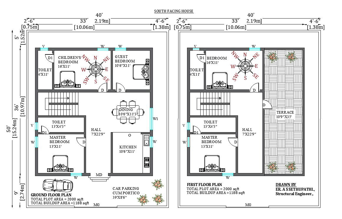 40’x50’ South facing G+1 home design.Download the free 2D Autocad drawing file.