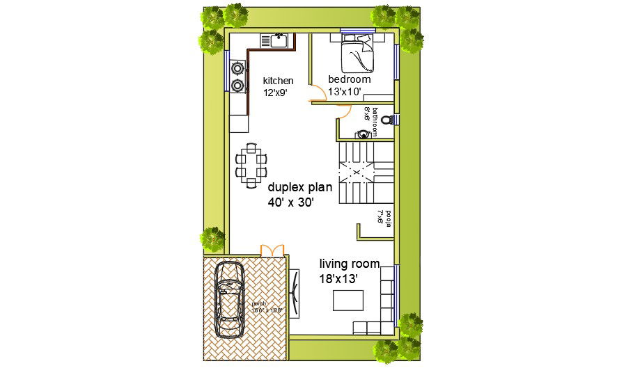 40'x50' duplex plan and furniture layout