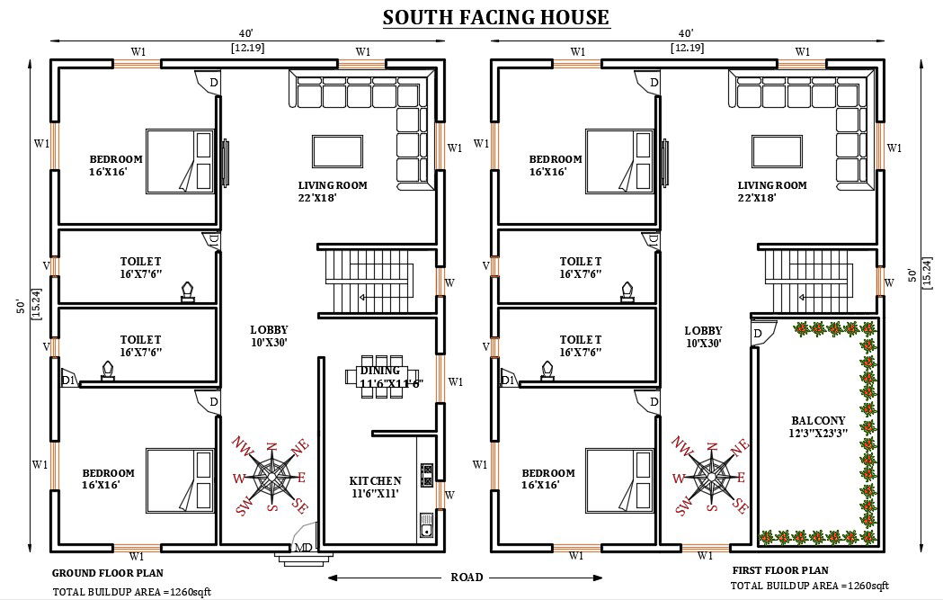 40’x50’ south facing house plan is given in this Autocad drawing file. Download the Autocad drawing file.