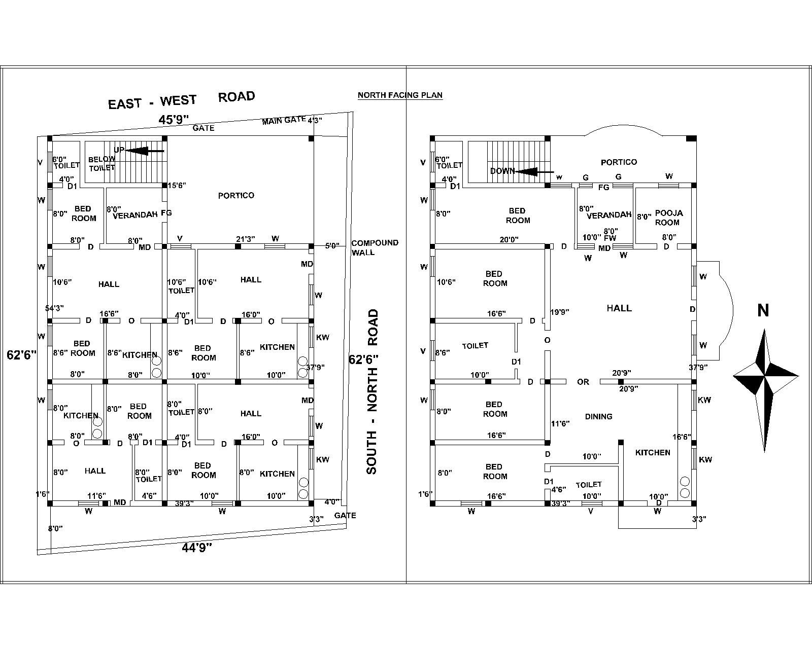 40’x55’ West Facing House Layout Plan AutoCAD Drawing DWG File