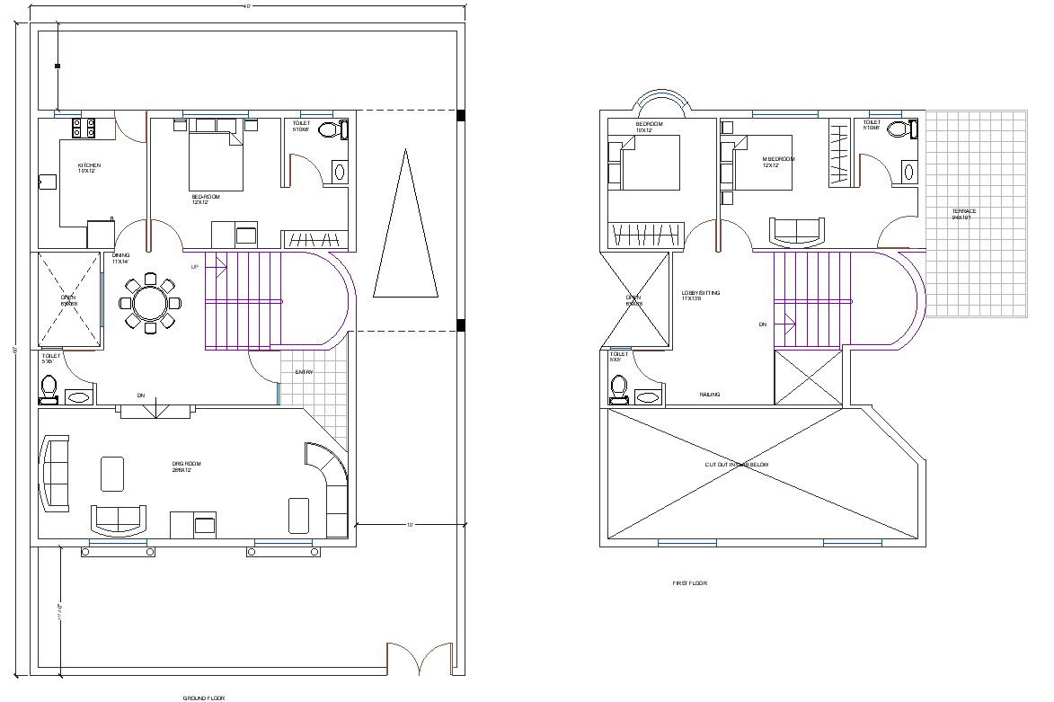 40' x 60' Double Storey Residence With Three Bedroom And Large DRG Room Architecture Cad File.