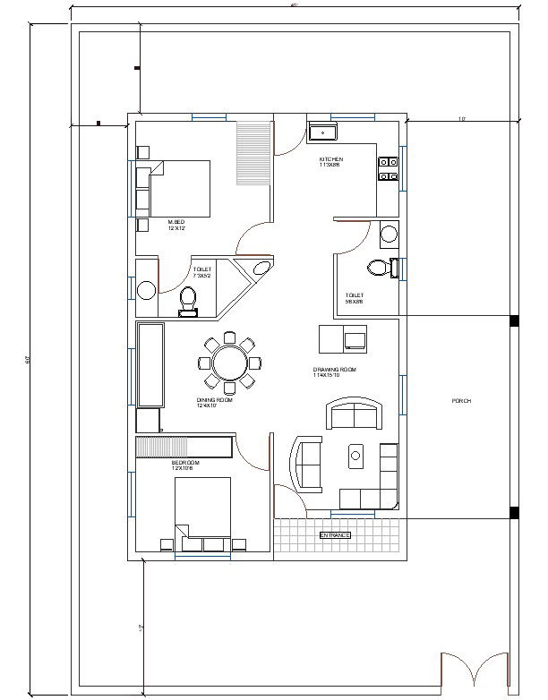 40' x 60' Single Storey Residence With L Shaped Hall Architecture cad File.