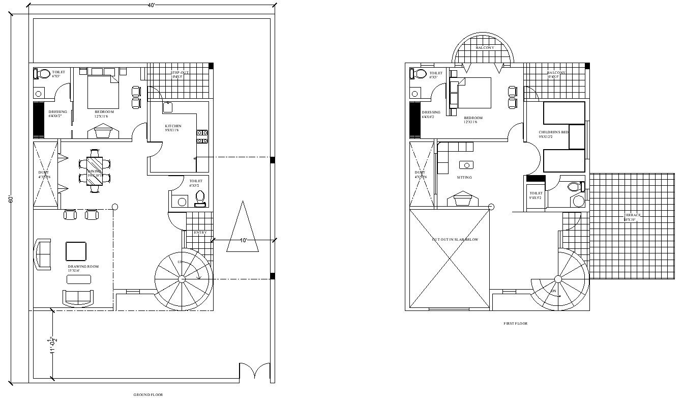 40' x 60' South Facing G+1 House Plan 2D Layout Dwg. File.