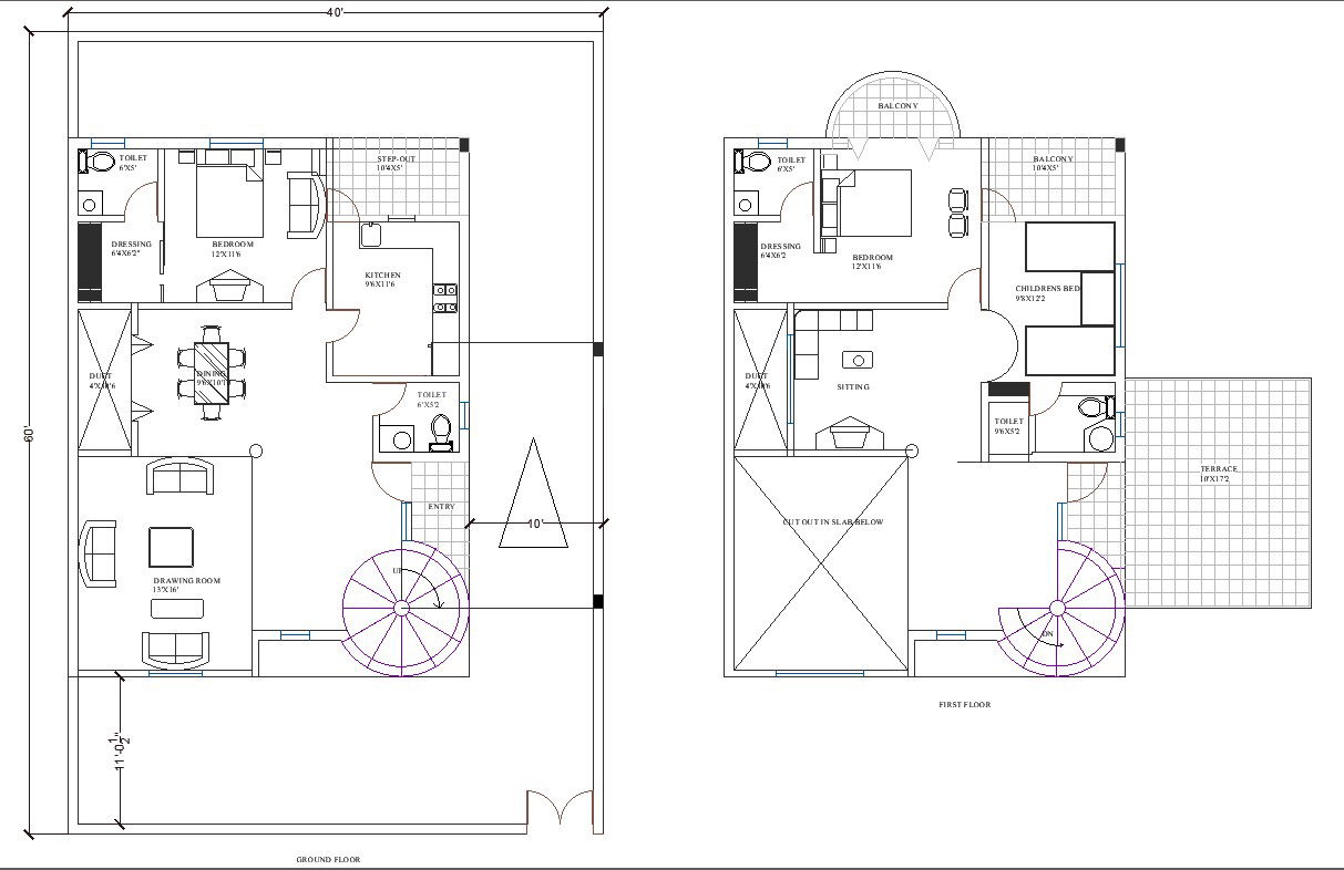 40' x 60' South Facing House Plan With Double Balcony 2D Architecture Cad File.