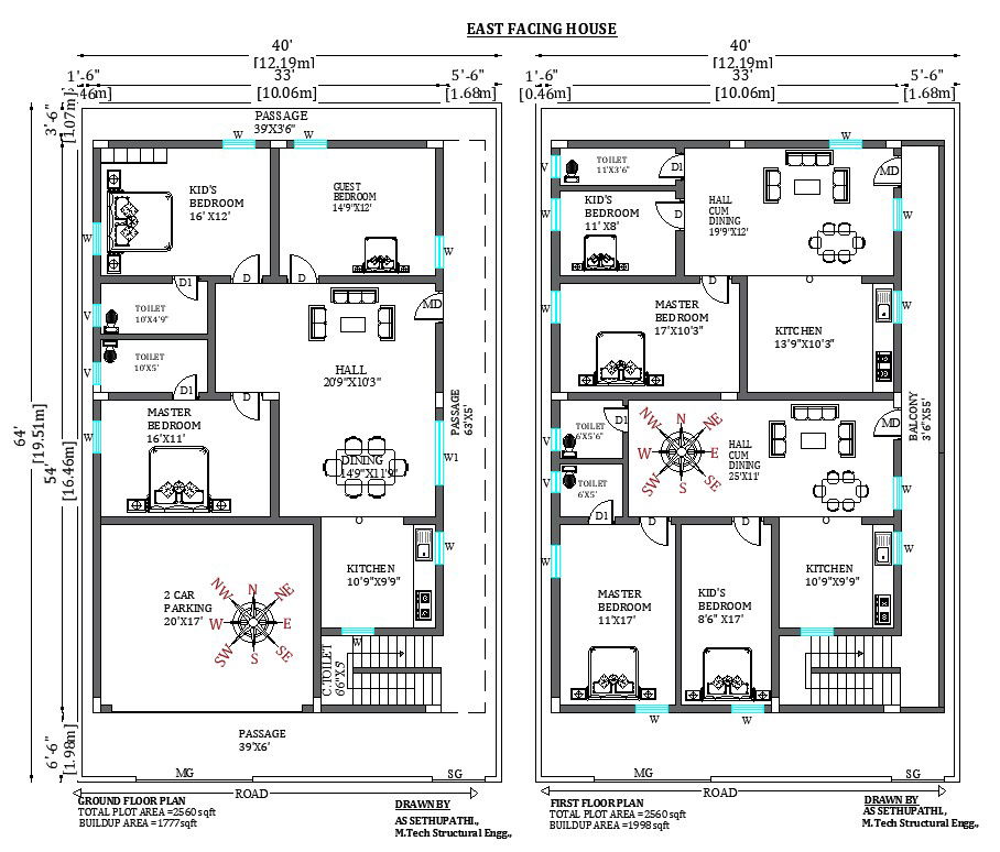 40’x64’ Superb G+1 East facing home design as per vastu shastra. Download the free 2D cad drawing file.