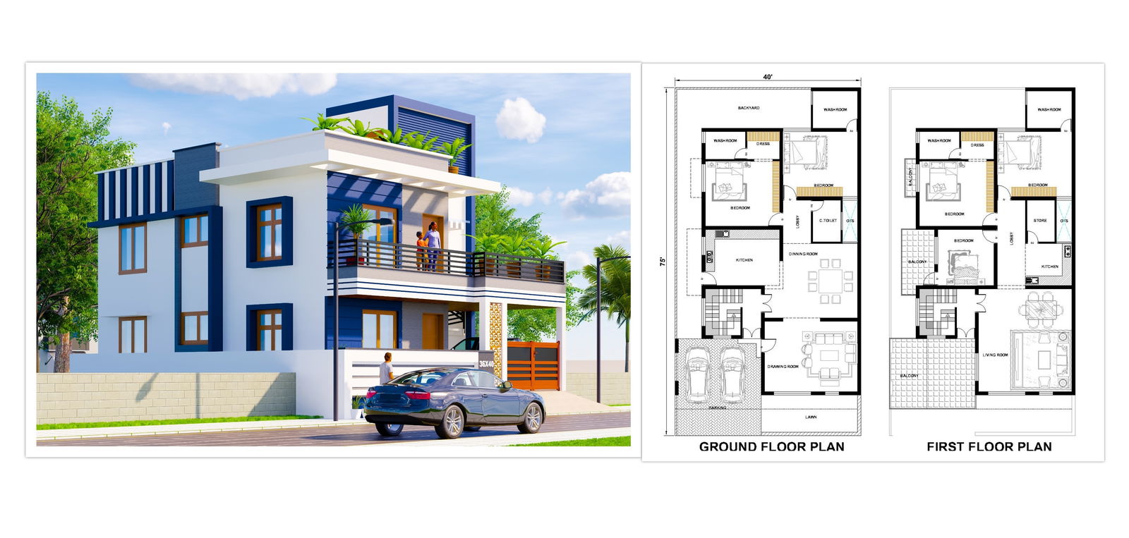 40’x75’ Interior home design with furniture and 3d Elevation. Download the free Autocad and Revit drawing file.