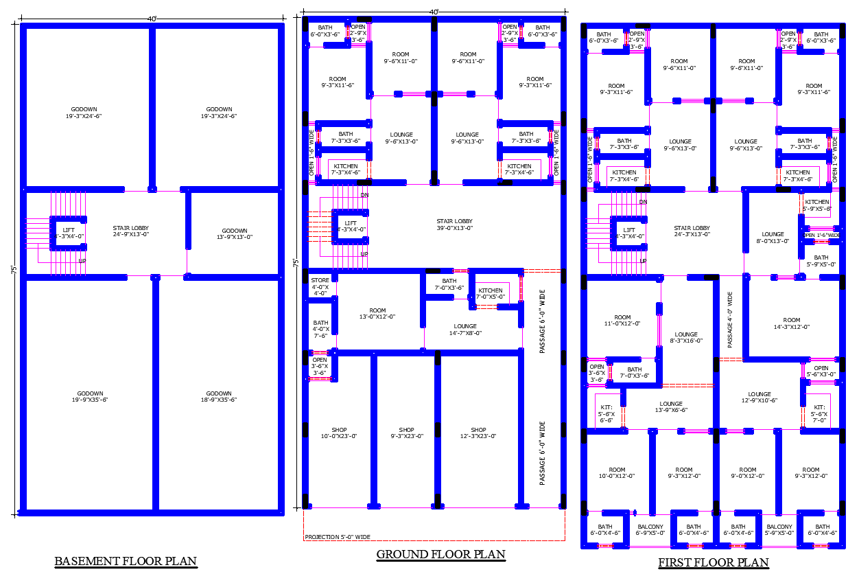 40x75 Multi-Floor House DWG Plan with Shops and Residence