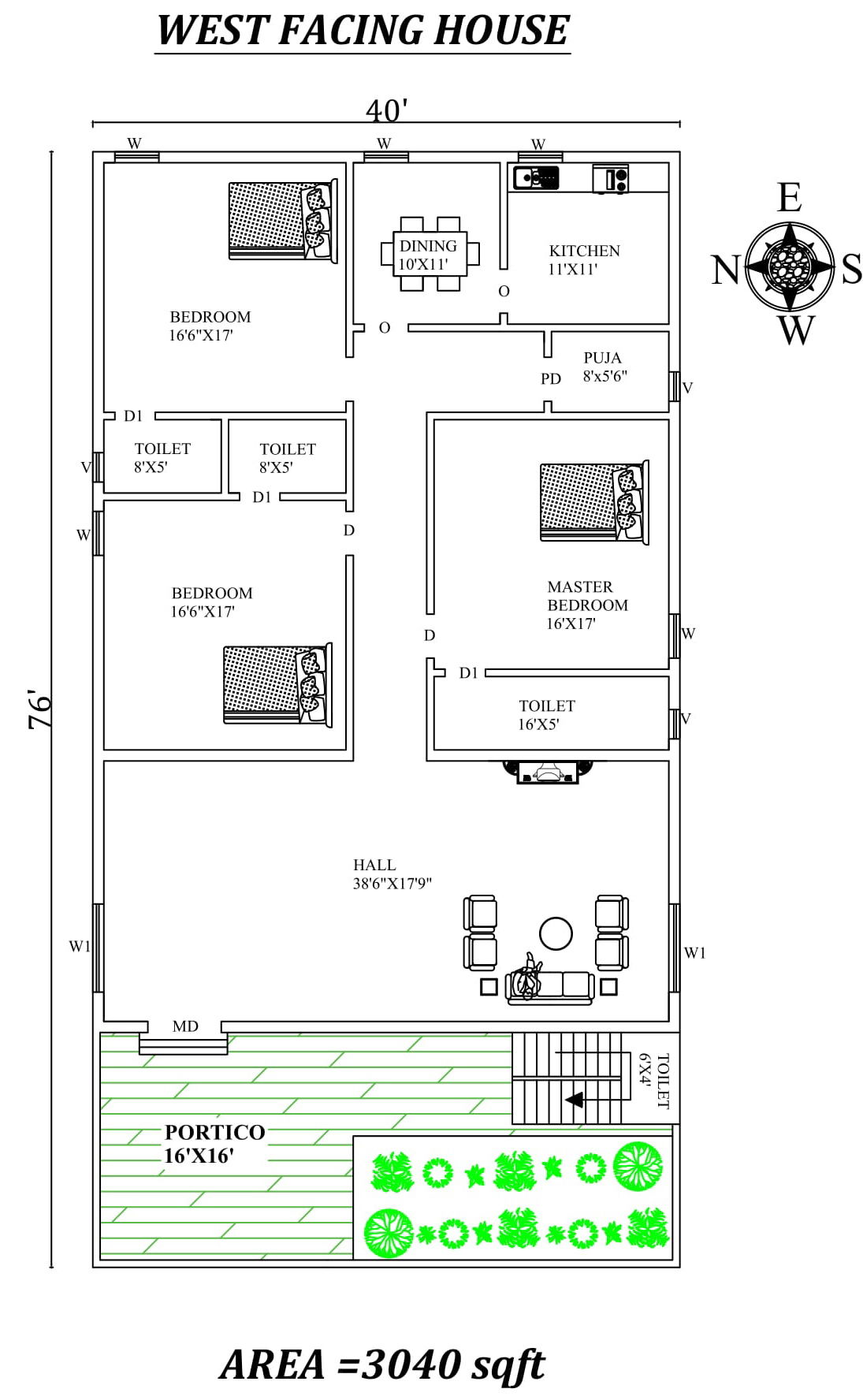 3BHK West Facing Vastu House CAD Model DWG AutoCAD File