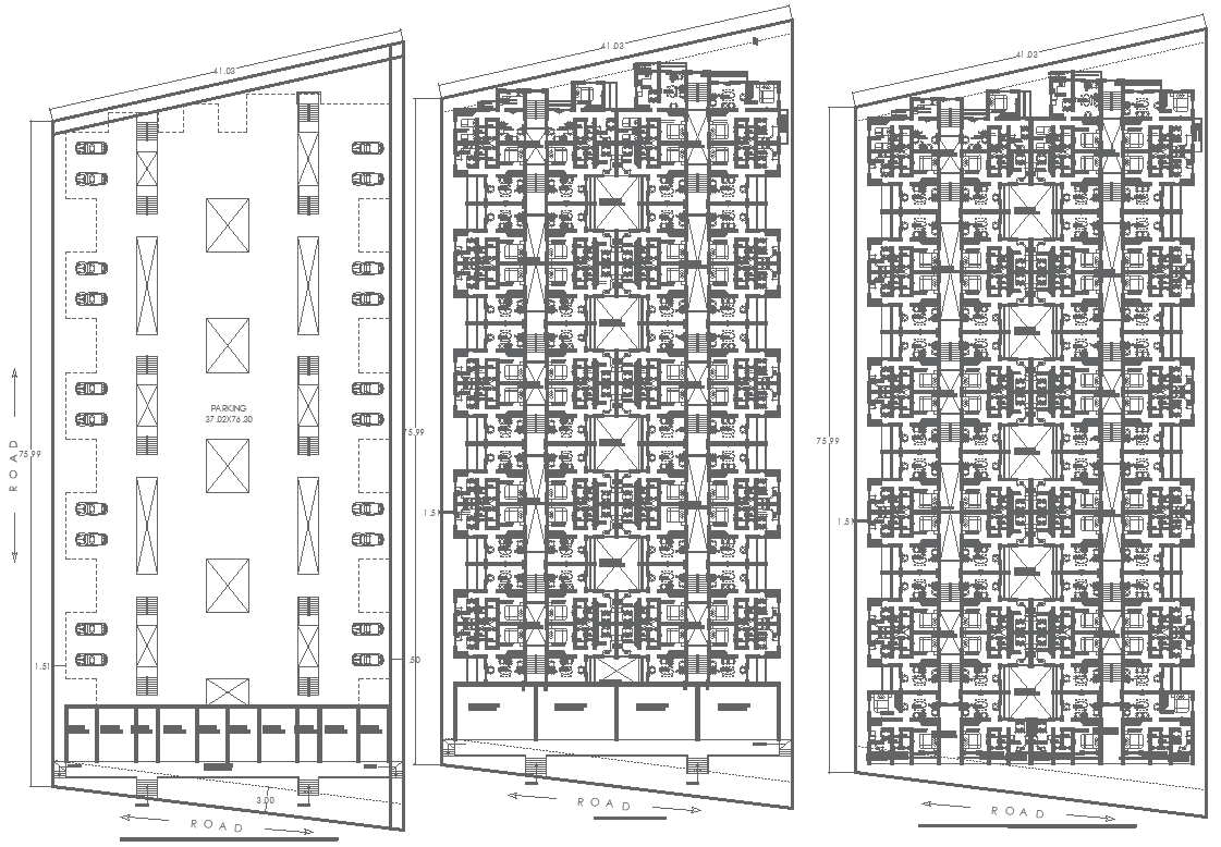 41.3m x 75.99m Apartment House Floor Plan Design with Showroom, Shop, and Parking Plan AutoCAD DWG
