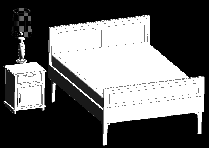 3D Double Bed AutoCAD Drawing with Side Table and Lamp Design