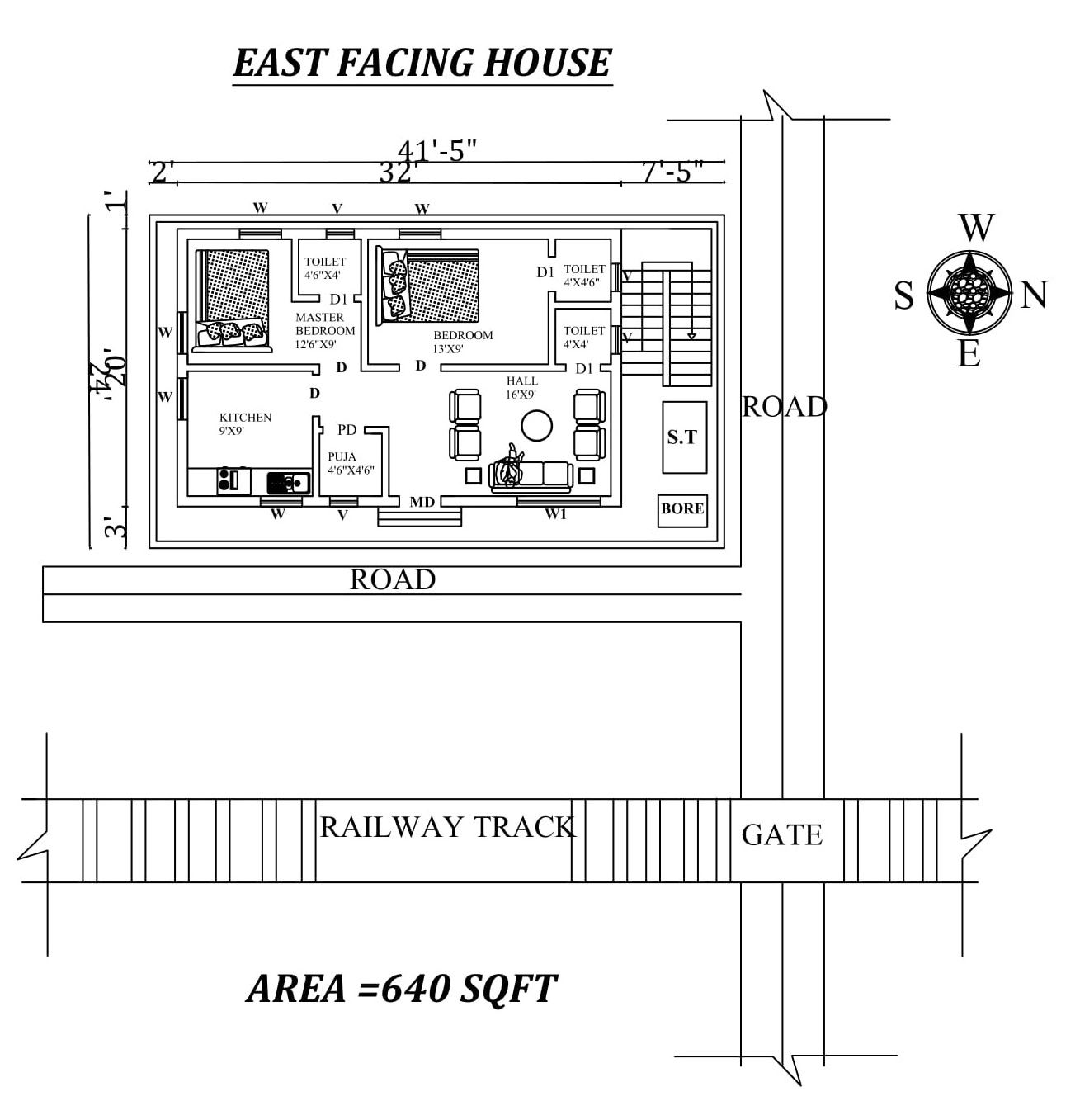 41'5"x24' 2bhk East facing House Plan As Per Vastu Shastra,Autocad DWG and PDF file details.