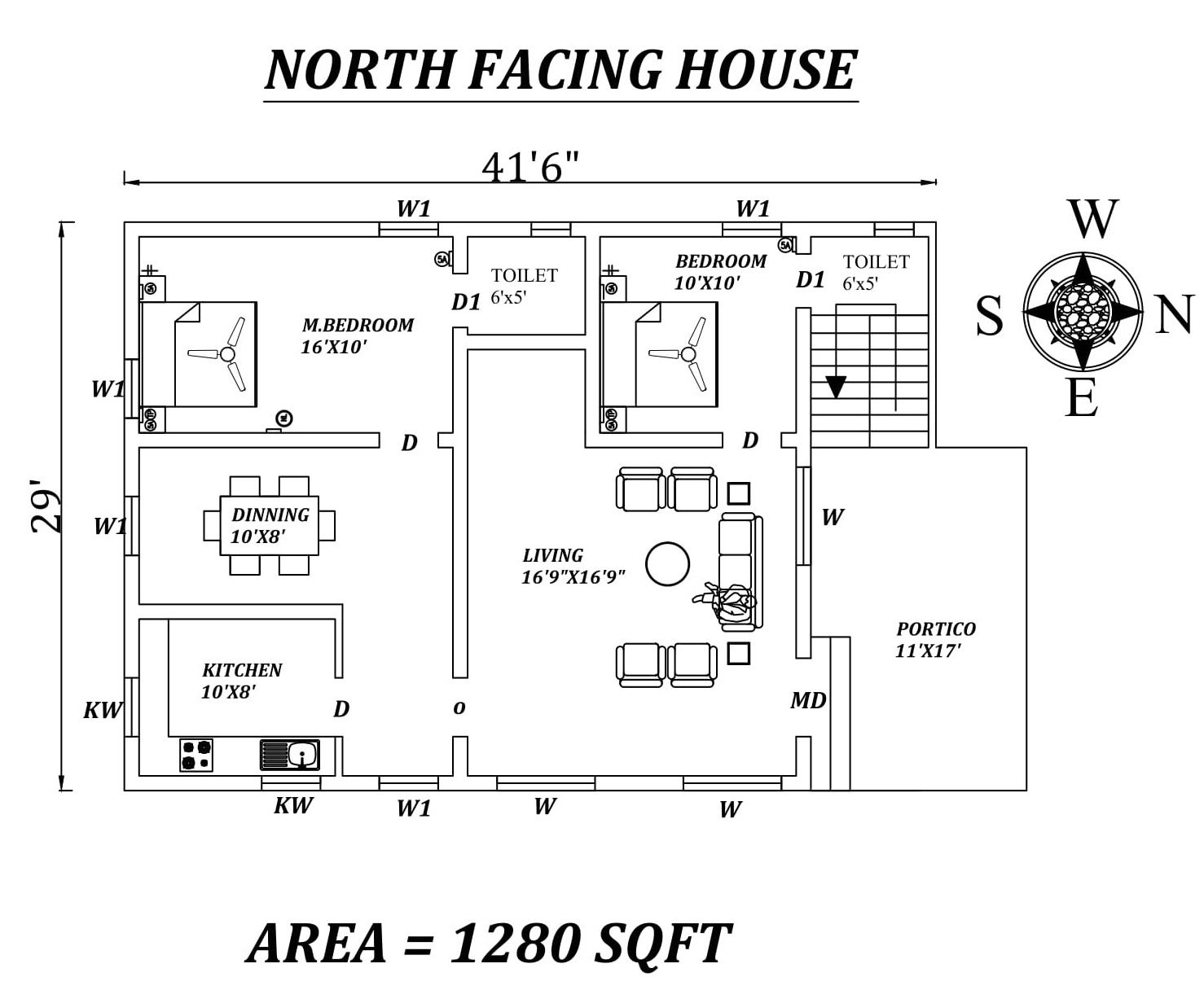 41'6"x29' 2bhk North-facing House Plan As Per Vastu Shastra, Autocad DWG and PDF file Details