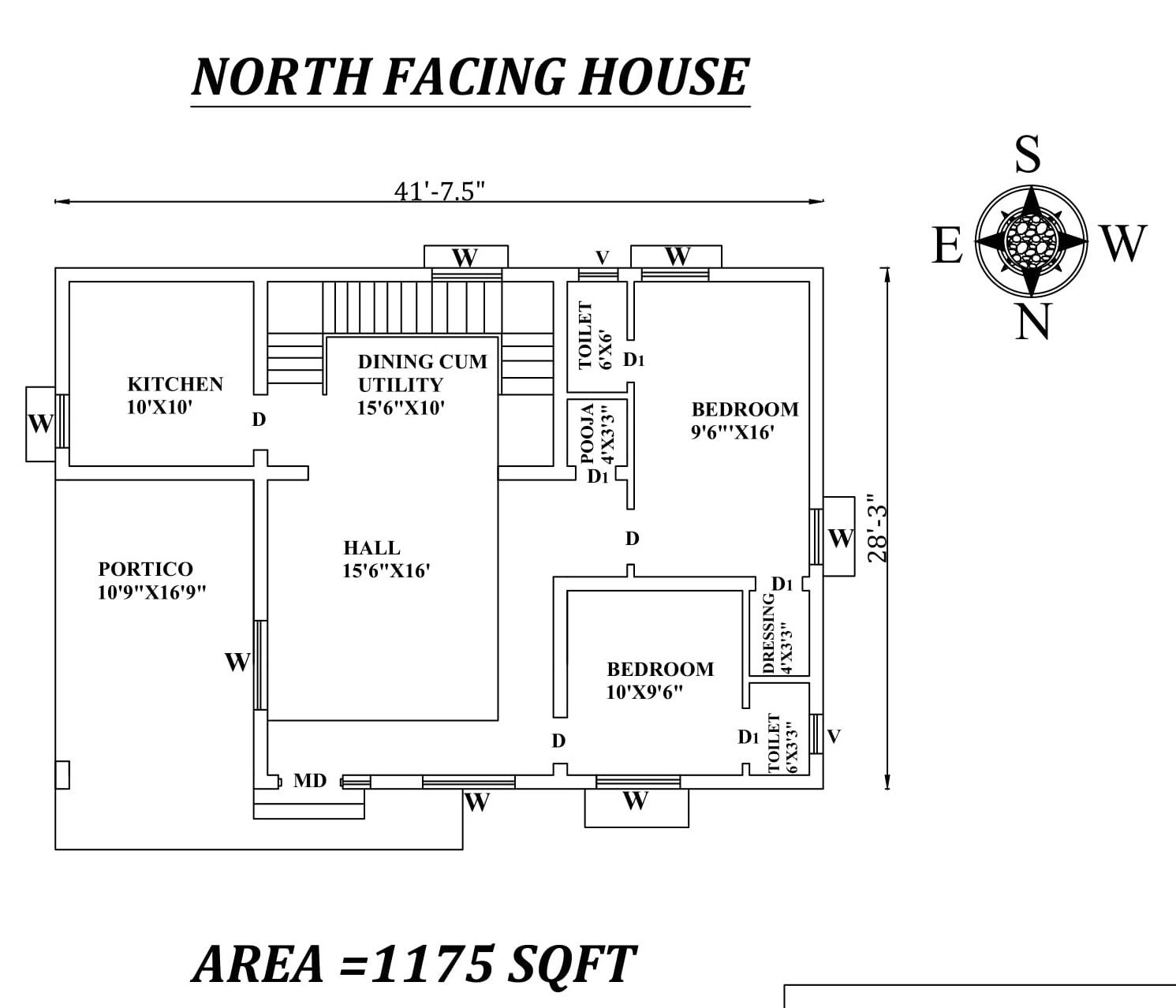 41'8"x28'3" Amazing North facing 2bhk house plan as per Vastu Shastra.Autocad DWG and Pdf file details.