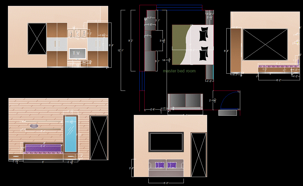 Master Bedroom Interior CAD Drawing with Wall Elevation Plans