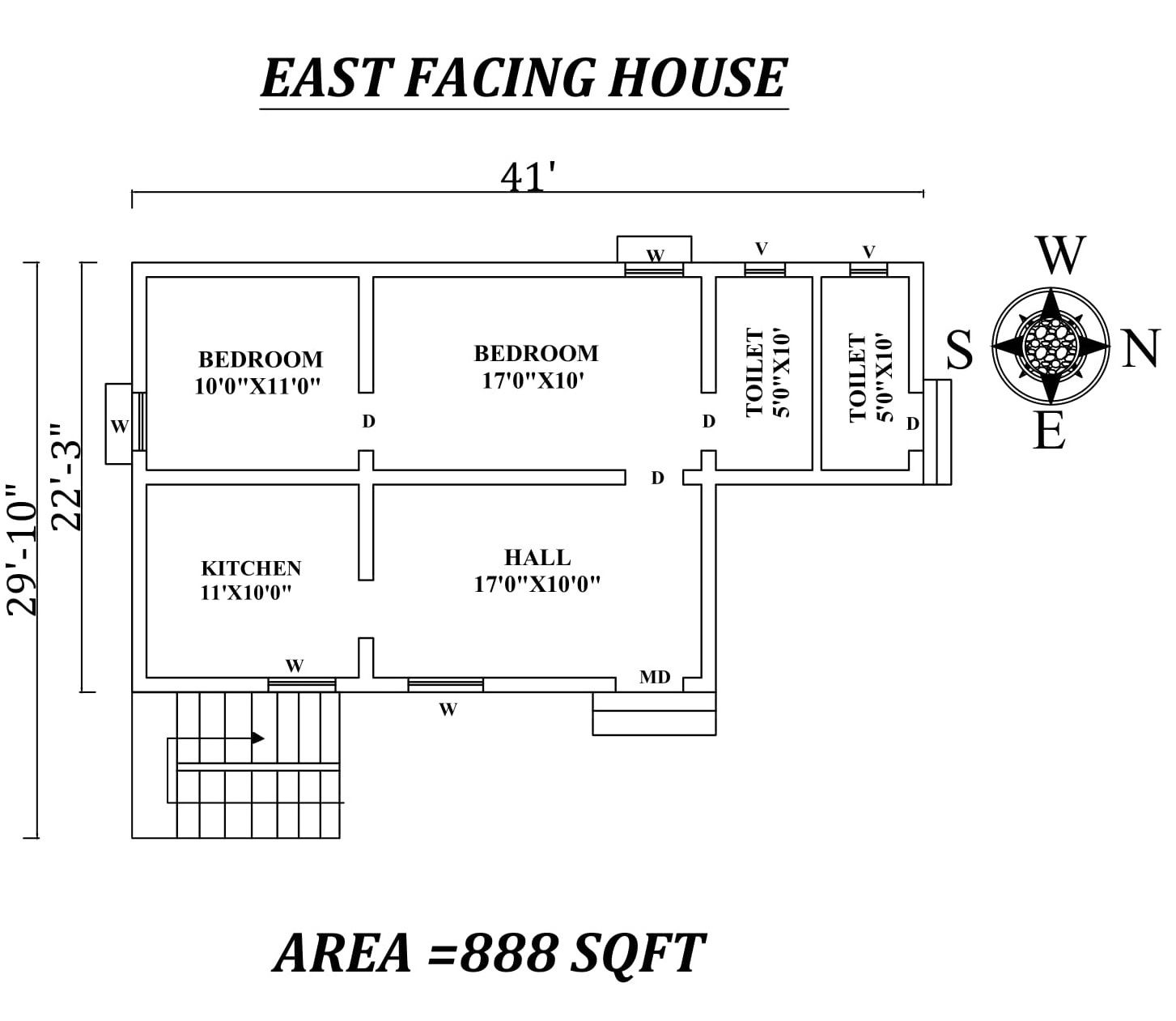 41'X29'10" 2bhk East facing House Plan As Per Vastu Shastra.Autocad DWG and Pdf file details.