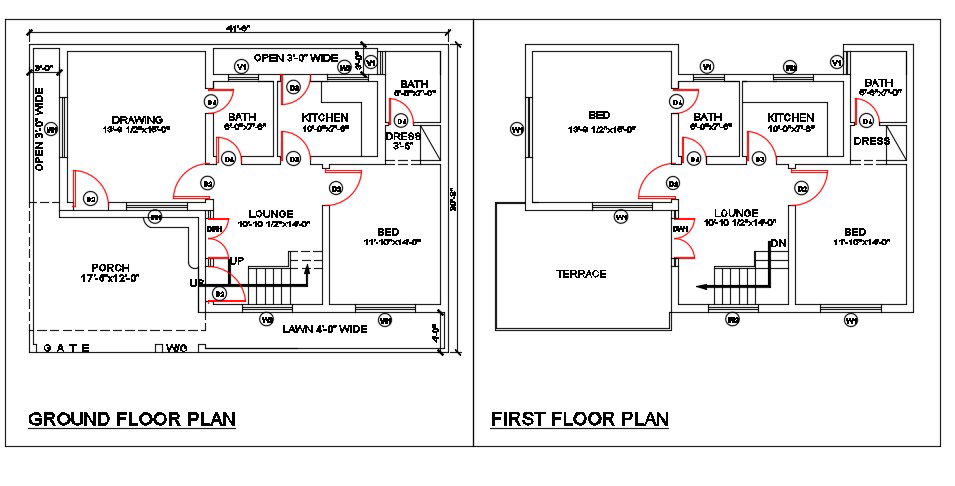 41' X 30' AutoCAD House Ground And First Floor Plan Drawing DWG