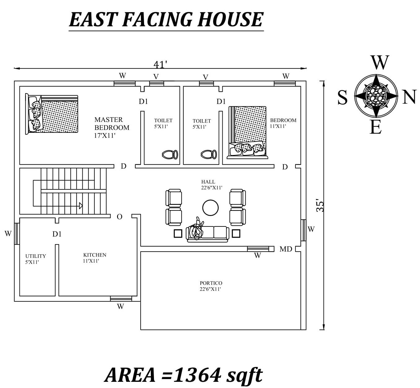 East-Facing 2BHK House Plan 41X35 Furnished Layout