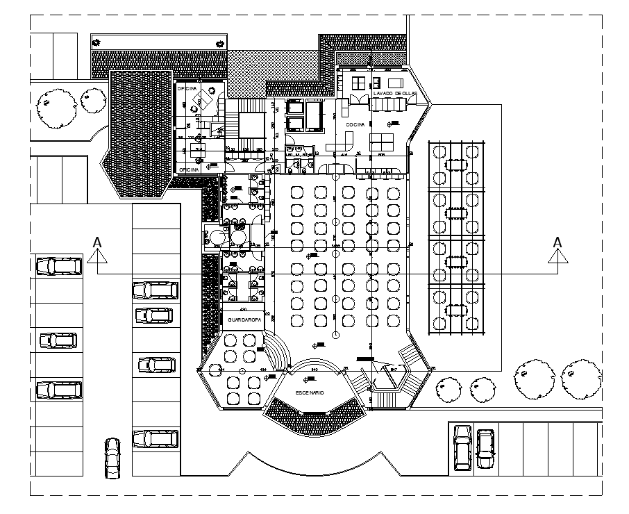 41X45m ground floor restaurant plan is given in this AutoCAD drawing model