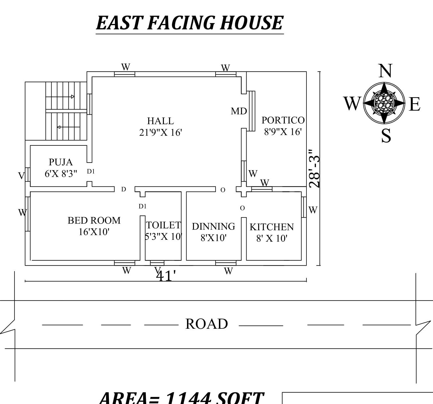 41'x28'3" Single bhk East facing House Plan As Per Vastu Shastra. Autocad DWG and Pdf file details.