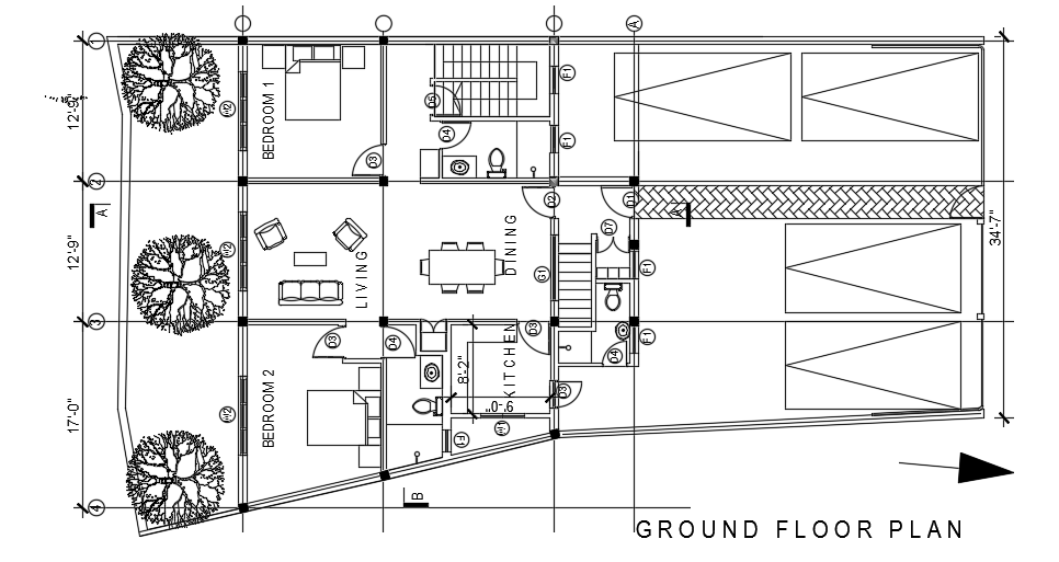 41x36 feet three story ground floor residential house plan is given