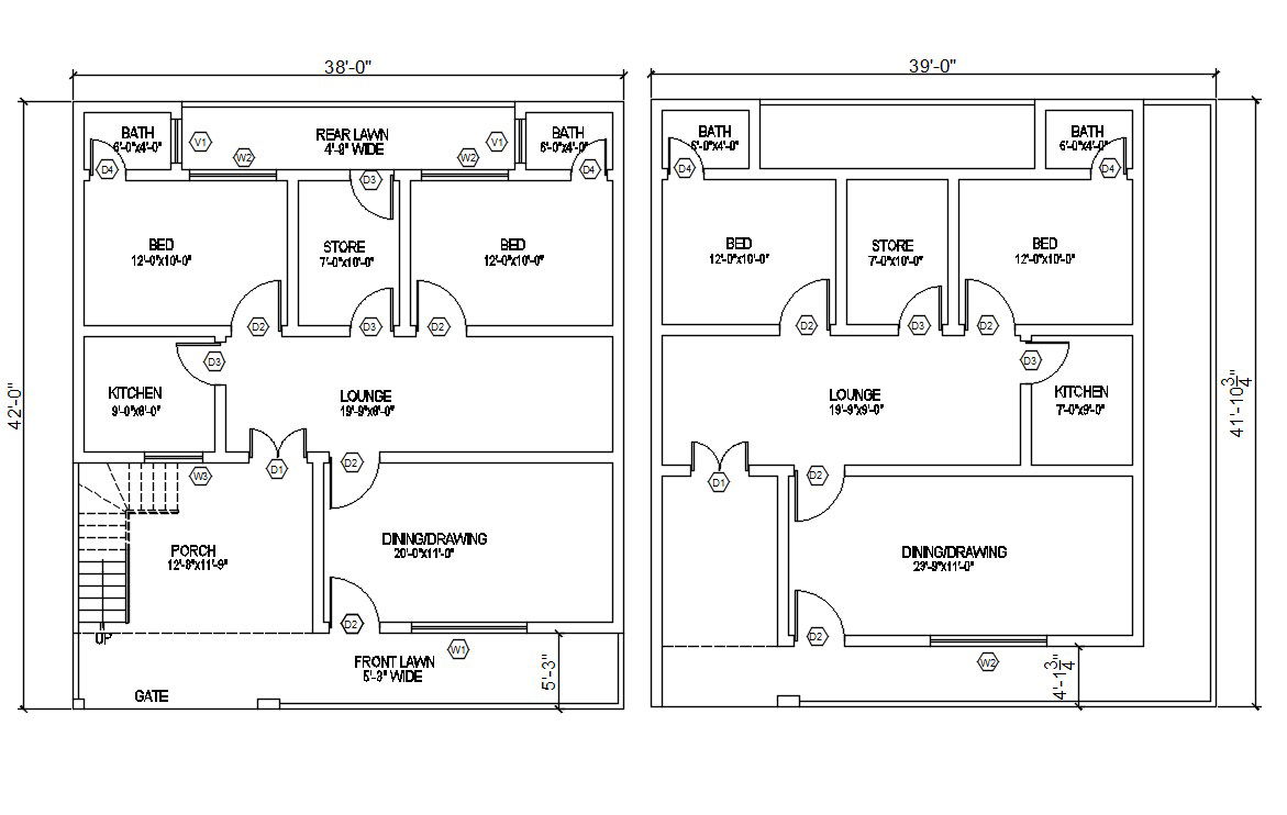 42' X 38' House Plan AutoCAD Drawing DWG File