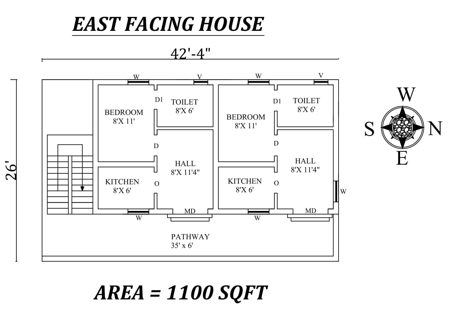  42'4"x 26' Single bhk East facing Dual House Plan As Per Vastu Shastra, Autocad DWG and PDF file Details.